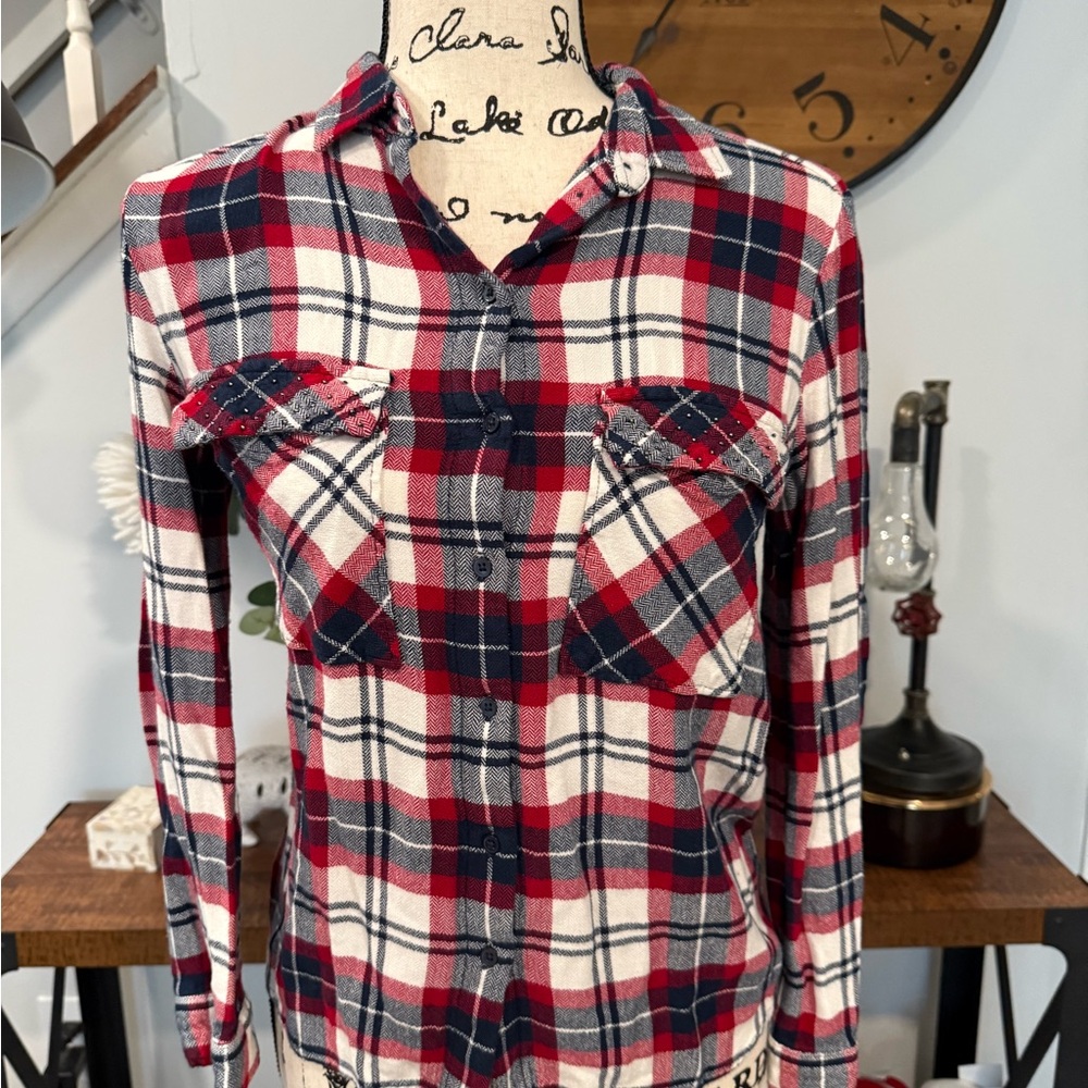 Zara Americana Soft Flannel with Bedazzled Pockets Long Sleeve Shirt size XS